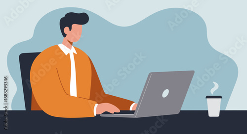 Professional man focused on his laptop, working diligently at a desk with a coffee. Ideal for business, remote work, or technology concepts.