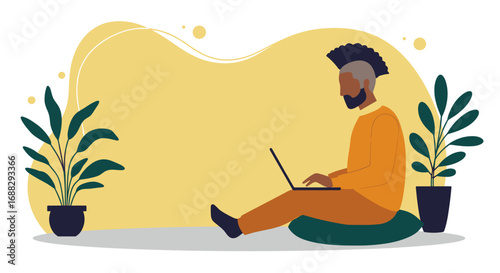 Modern man with a unique hairstyle works on a laptop in a comfortable, relaxed home setting, reflecting remote work, freelance, and a flexible digital lifestyle.