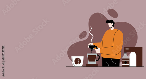 Man preparing fresh coffee with pour-over equipment, enjoying a relaxing morning ritual. Ideal for lifestyle, daily routine, or beverage concepts.