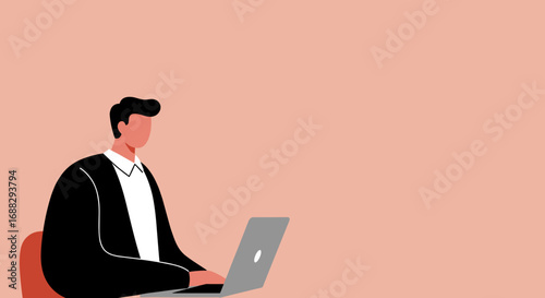 Professional man in a suit working on a laptop, illustrating concepts of business, remote work, online productivity, and modern technology. Ideal for corporate use.