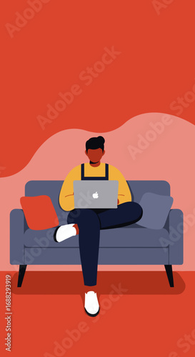 Person working remotely on a laptop from the comfort of their home sofa. Represents modern flexible work, freelancing, or online education lifestyle.