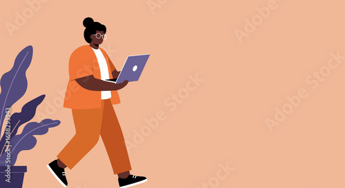 An illustrated person walks with a laptop, embodying remote work, digital nomadism, and modern productivity. Ideal for technology, business, or lifestyle content.