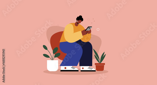 Person engrossed in smartphone, sitting comfortably surrounded by potted plants. Illustrates digital communication, online lifestyle, and social networking.