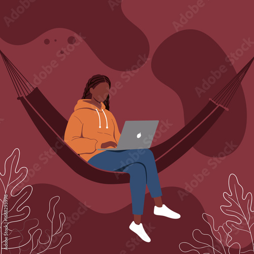 Young woman working remotely on laptop in a hammock, embodying flexible modern lifestyle and digital freedom. Ideal for business, travel, or leisure concepts.