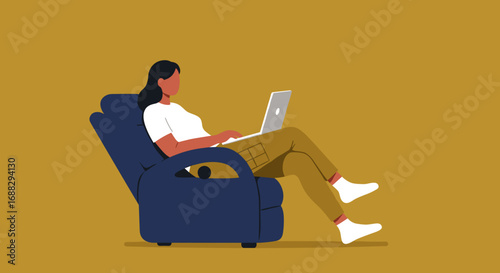 Relaxed woman working remotely on laptop in a comfortable armchair. Ideal for concepts of remote work, home office, online learning, or leisure.