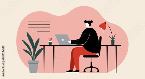 Person focused on laptop at a stylish home office desk, surrounded by plants and a lamp. Ideal for themes of remote work, productivity, or freelance lifestyle.