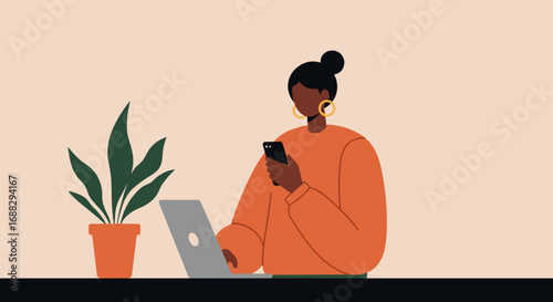 Modern woman multitasking with laptop and phone, working remotely or studying. Digital communication and online lifestyle concept.