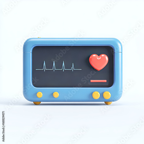 3d cartoon heart monitor displaying a healthy heartbeat and a red heart icon