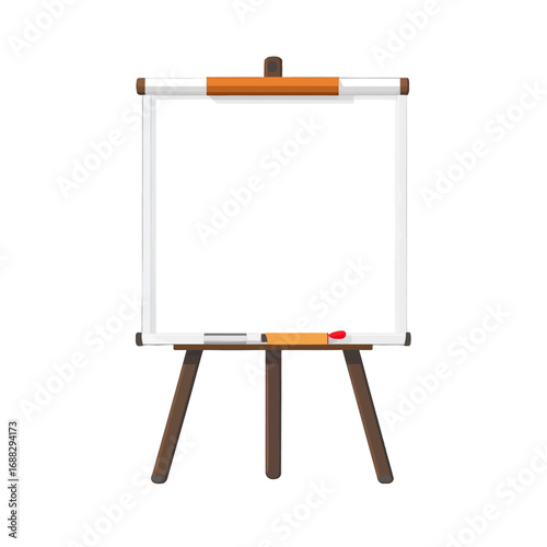 Blank White Flipchart on Dark Brown Wooden Easel with Orange Handle Isolated Against Clean White Background Perfect for Presentations or Mockups