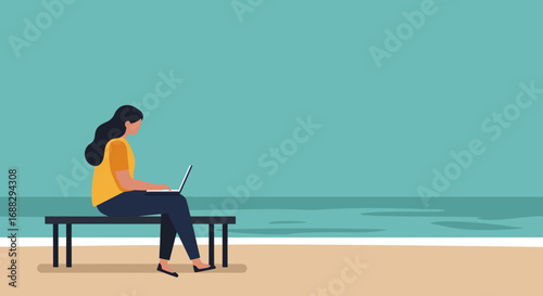 Woman working remotely on a laptop at the beach, embodying a flexible lifestyle and digital nomad concept. Ideal for travel, business, or modern work-life balance themes.