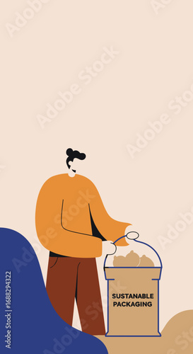Illustrated person with sustainable packaging, promoting eco-friendly choices, environmental responsibility, and conscious consumption.