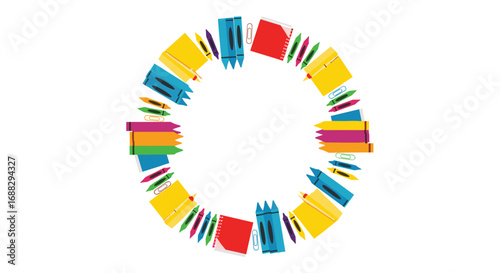 Vibrant school supplies arranged in a circular frame perfect for educational projects and creative designs