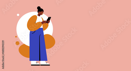 A stylish Black woman uses her smartphone, engaging with digital content on a vibrant, abstract background. Perfect for themes of technology, communication, and modern lifestyle.