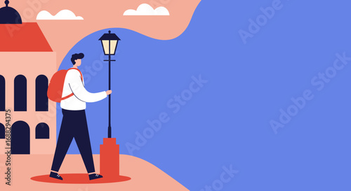 Young man with backpack walking through an urban landscape with a lamppost and classic building. Represents travel, exploration, and city life.
