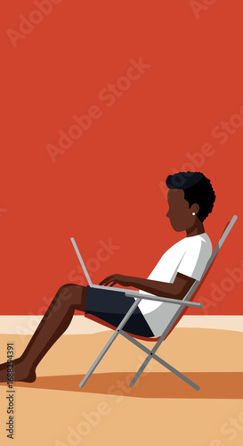 Young person working remotely on a laptop in a relaxed outdoor setting, illustrating flexible work, productivity, and a modern lifestyle.