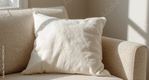 Soft cushion on textured sofa bathed in morning light, a study in textures and forms.