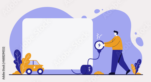 Man holding electric car charger with an EV and nature elements. Concept for sustainable transport, green energy, eco-friendly lifestyle, and technology innovation.