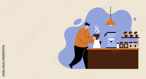 Man enjoying his morning coffee ritual at home, preparing a fresh steaming cup from his modern coffee machine. Ideal for lifestyle, daily routine, or cafe concepts.
