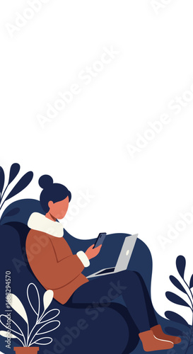 Woman comfortably working or relaxing at home, multitasking with laptop and smartphone. Represents remote work, digital communication, and modern lifestyle.