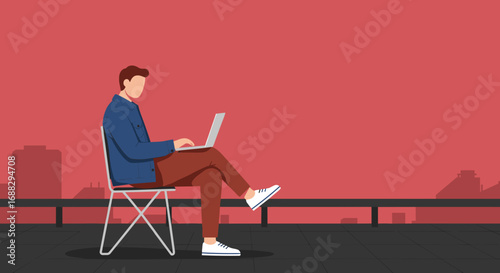 Young man working remotely on a laptop from a city rooftop, embodying modern freelance lifestyle, productivity, and digital connectivity with urban views.