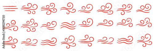 Doodle wind line sketch set. Hand drawn doodle wind motion, air blow, swirl elements. Sketch drawn air blow motion, smoke flow art, abstract line. Isolated on white background . vector illustration