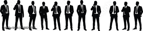 Silhouettes of multiple professional business men wearing suits, different standing and talking poses, corporate teamwork, communication concept