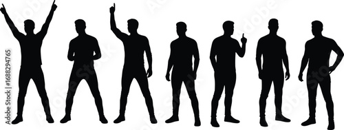 Silhouettes of confident male figures in various pointing and standing poses, isolated on white, body language concept, business gestures