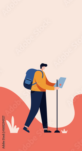 A male hiker with a backpack and trekking pole navigates an outdoor path, symbolizing adventure, travel, and exploration. Ideal for lifestyle and journey themes.