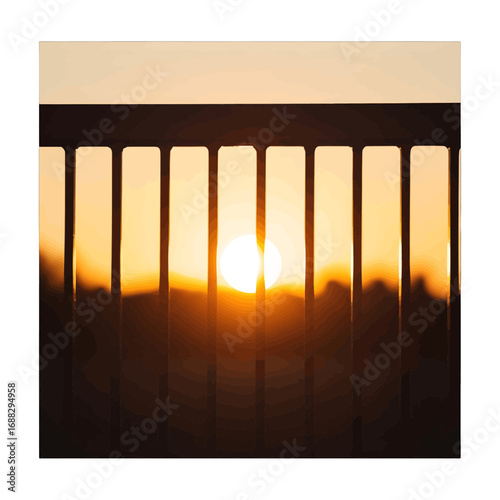 Warm Golden Sunset Seen Through Fence in Abstract Composition With Bright Sun Star and Silhouetted Branches