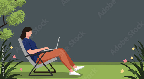 Woman working on laptop outdoors in a tranquil garden, representing remote work, online learning, and a balanced lifestyle.