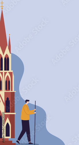 Man on a pilgrimage journey, holding a staff, walking past a historic church with a cross, symbolizing faith, travel, and spiritual exploration.