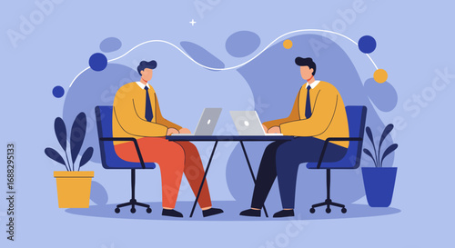 Two male professionals collaborate on laptops in a modern office, symbolizing teamwork, business, and technology. Ideal for corporate communication or digital work concepts.