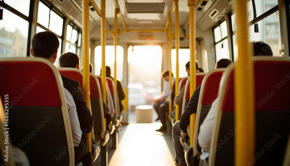 Fototapeta premium Passengers riding a public bus during a sunny commute - Urban travel and daily journey