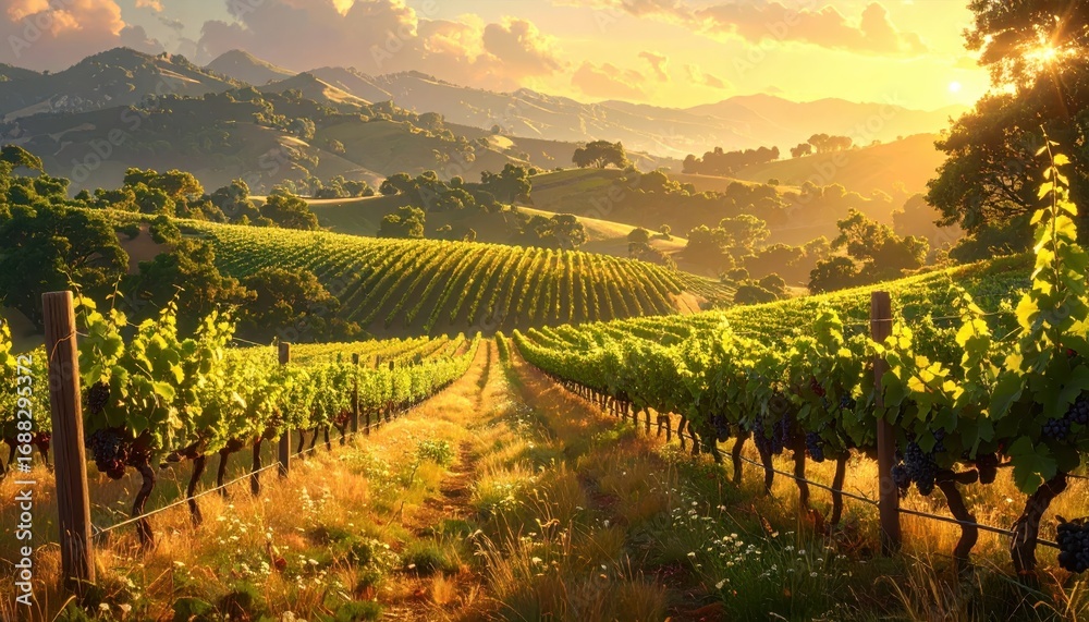 Fototapeta premium A breathtaking vineyard landscape bathed in golden sunlight, showcasing rolling hills and lush green vines.