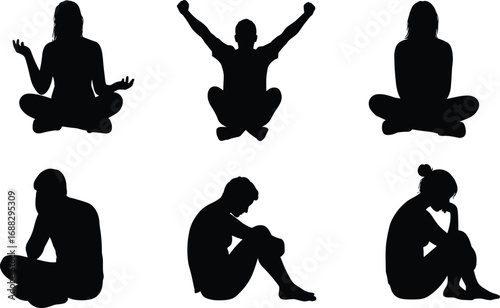 Silhouettes of men and women sitting on floor in various emotional and meditative poses, isolated on white background, expressive concept