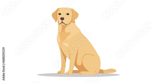 Animated golden labrador retriever sitting attentively on a white background