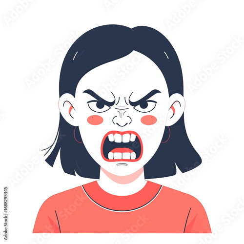 Cartoon Portrait of Young Woman Expressing Anger with Dark Hair and Red Top on White Background
