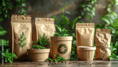 Recycled paper packaging stands out against a lush backdrop of greenery, showcasing eco-friendly alternatives for sustainable products.