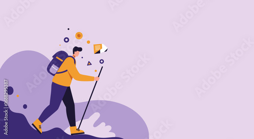 Man with backpack and trekking pole journeys through a stylized landscape. Represents adventure, exploration, and discovery in travel, lifestyle, or business concepts.