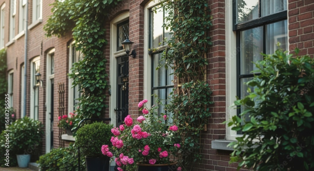 Fototapeta premium Charming brick row houses adorned with lush greenery and pink flowers
