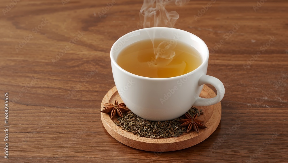 Obraz premium Still Life. White Ceramic Cup with Warm Beverage and Aromatic Star Anise on Wooden Table.