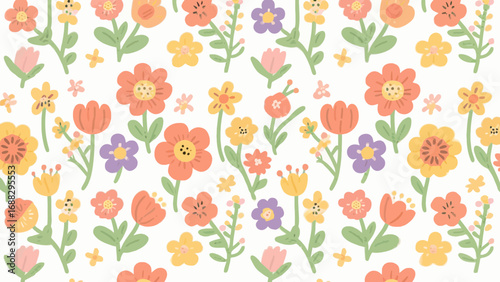 Wallpaper Mural Cheerful floral pattern with colorful flowers and leaves on a white background Torontodigital.ca