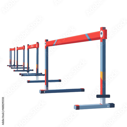 Row of Pixelated Hurdles with Red and Gray Color Scheme on White Background