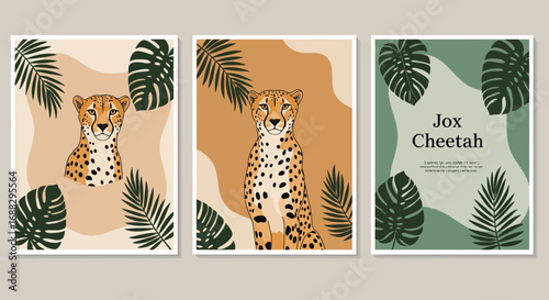 Cheetah Illustration with Tropical Leaves in Earthy Tones for Home Decor