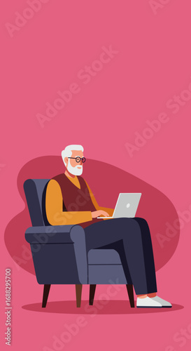 Senior man with glasses and a white beard comfortably using a laptop in an armchair. Modern elderly embracing technology for communication or leisure.