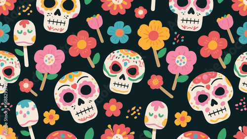 Colorful Dia de los Muertos pattern with sugar skulls and flowers design