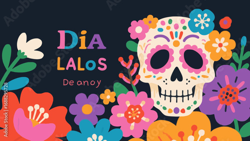 Colorful Dia de los Muertos illustration with skull and floral decorations