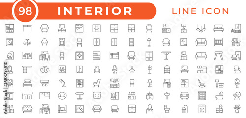Interior and furniture line icon set. Modern line icons perfect for interior design, home decoration, furniture, appliances, renovation, architecture, house styling, residential icons