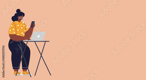 Professional woman multitasking, working remotely with laptop and smartphone. Ideal for themes of productivity, digital communication, and modern business lifestyle.
