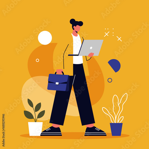 Modern professional on the go, balancing work and lifestyle with a laptop and briefcase. Ideal for business, remote work, or technology concepts.